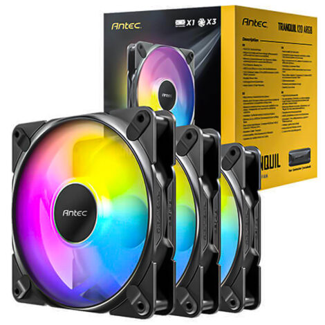 VENTILADOR P/GABINETE ANTEC (TRANQUIL 12025 ARGB_3PK) PAQ 3 FAN ARGB
120MM,CONTROLADOR,2000RPM,NEGRO