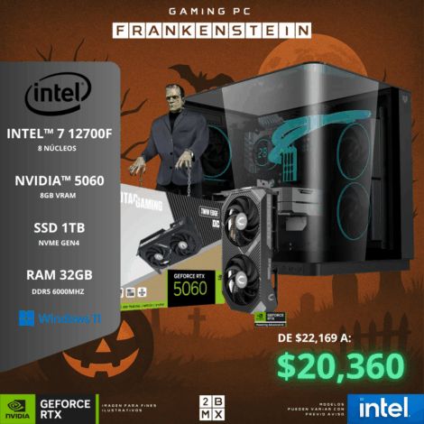 Spooky Gaming PC FRANKENSTEIN – INTEL 7 12700F / RTX 5060 / 32GB DDR5 / 1TB SSD / 650W