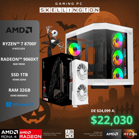 Spooky Gaming PC SKELLINGTON – AMD RYZEN 7 8700F / RX 9060XT / 32GB DDR5 / 1TB SSD / 650W