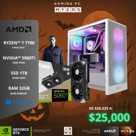 Spooky Gaming PC MYERS – AMD RYZEN 7 7700 / RTX 5060TI / 32GB DDR5 / 1TB SSD / 650W