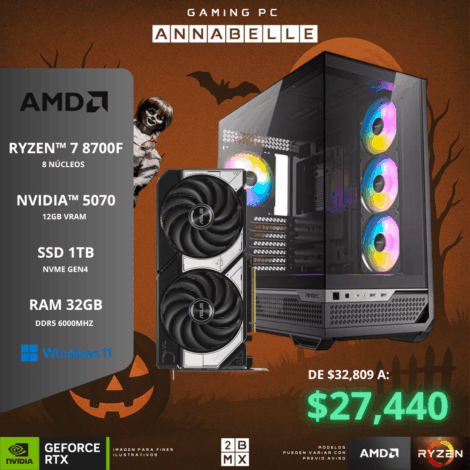 Spooky Gaming PC ANNABELLE – AMD RYZEN 7 8700F / RTX 5070 / 32GB DDR5 / 1TB SSD / 750W