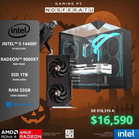 Spooky Gaming PC NOSFERATU – INTEL I5 14400F / RX 9060XT / 32GB DDR5 / 1TB SSD / 650W
