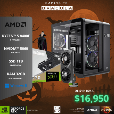 Spooky Gaming PC DRACULA – AMD RYZEN 5 8400F / RTX 5060 / 32GB DDR5 / 1TB SSD / 650W