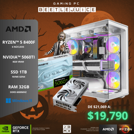 Spooky Gaming PC BEETLEJUICE – AMD RYZEN 5 8400F / RTX 5060TI / 32GB DDR5 / 1TB SSD / 650W